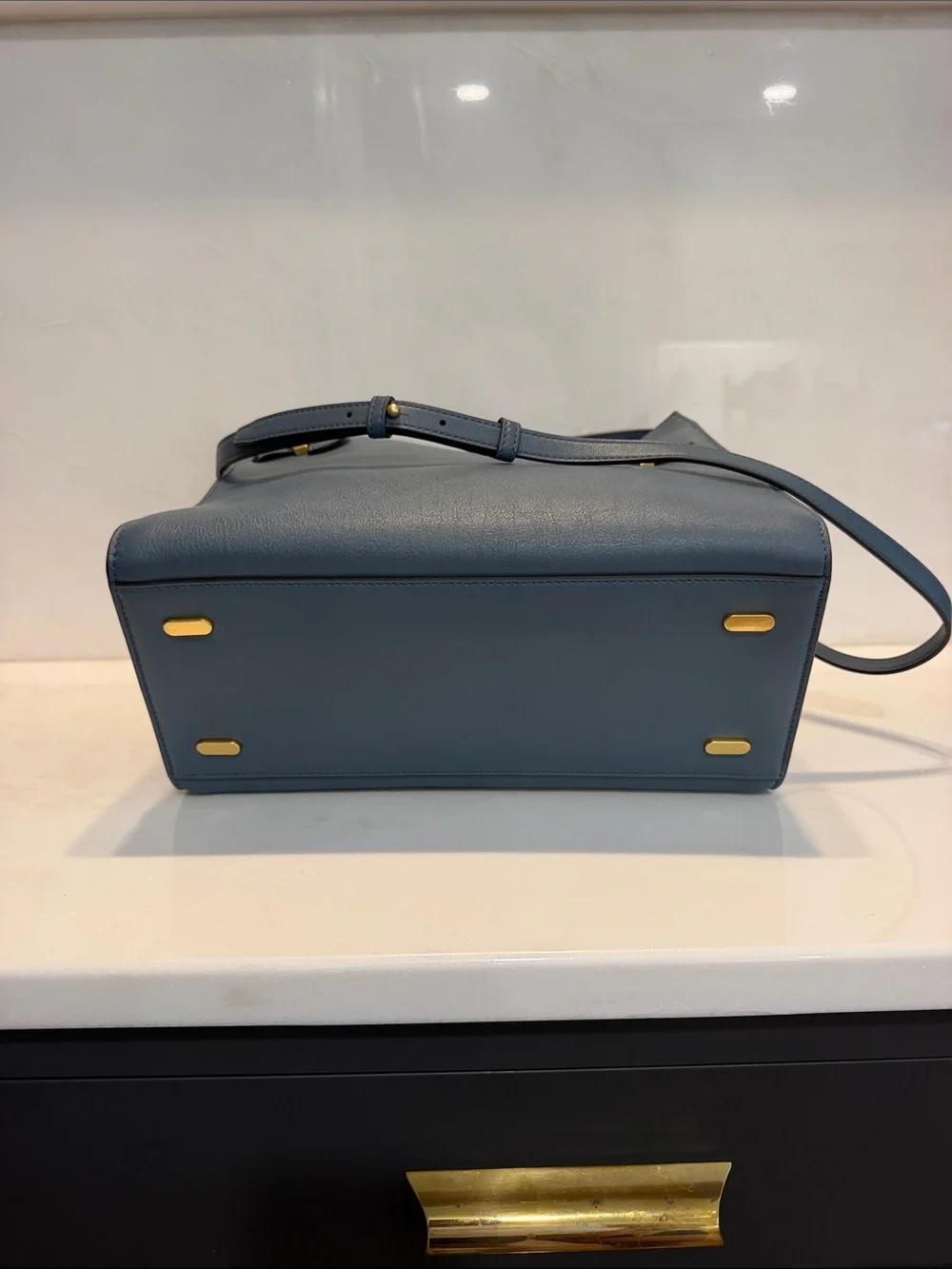 Tory Burch medium size “Lee Radziwill” Double Bag in blue leather. Pristine!